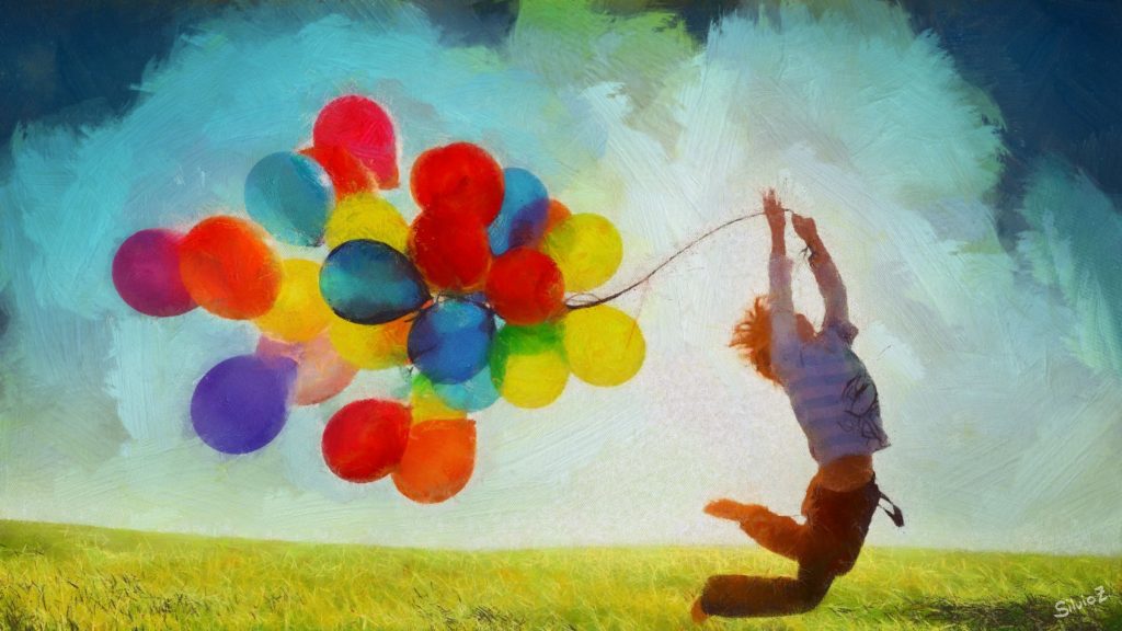 Watercolour painting of child playing with balloons