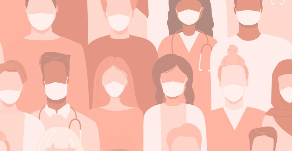 A graphic of masked long-term care workers.